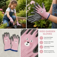 Kids Garden Gloves Pink Cute Animal Grip Children Outdoor Yard Work Small Hands