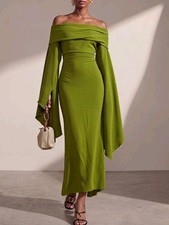 Woman Green Off Shoulder Long Tea Length Dress Long Sleeve Size M Zipper 
