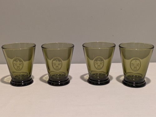 4 La Rochere Fleur de Lis Tumbler Glasses 4"x3.5” Tall Footed 8 Oz. Olive green.