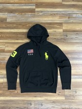 Vintage 90'S Polo Ralph Lauren Big Pony USA Embroidered Hoodie Black Neon SZ Med