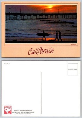 California Sunset Postcard Fishing Pier Surfers John Hinde Curteich