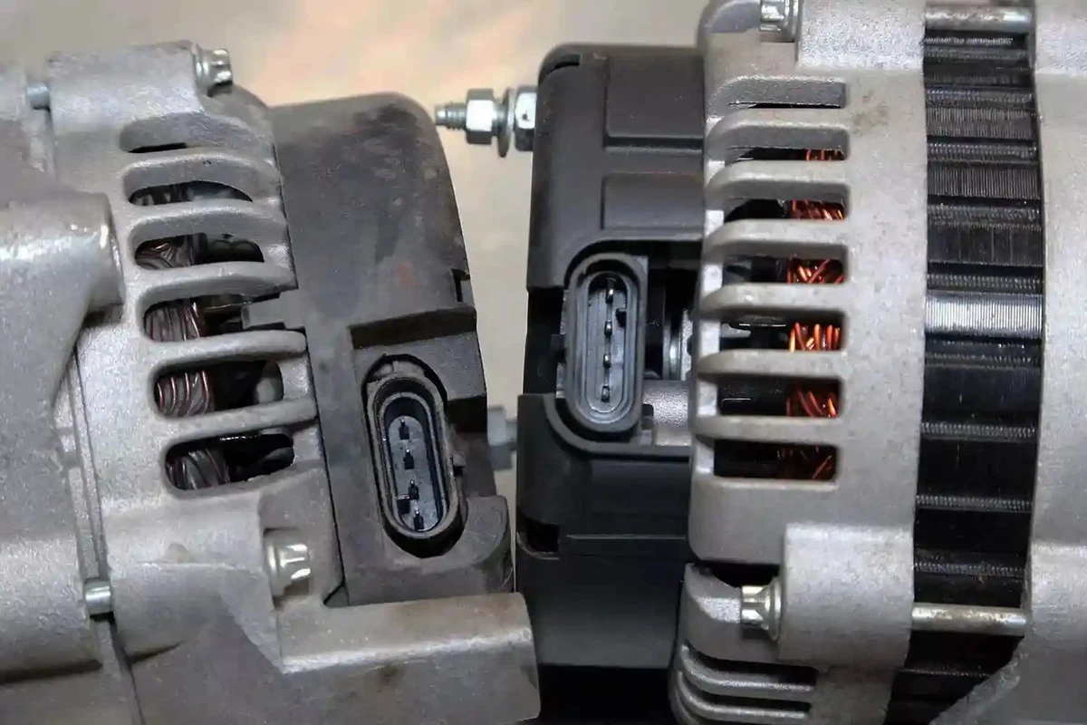 Two alternators with wiring terminals.