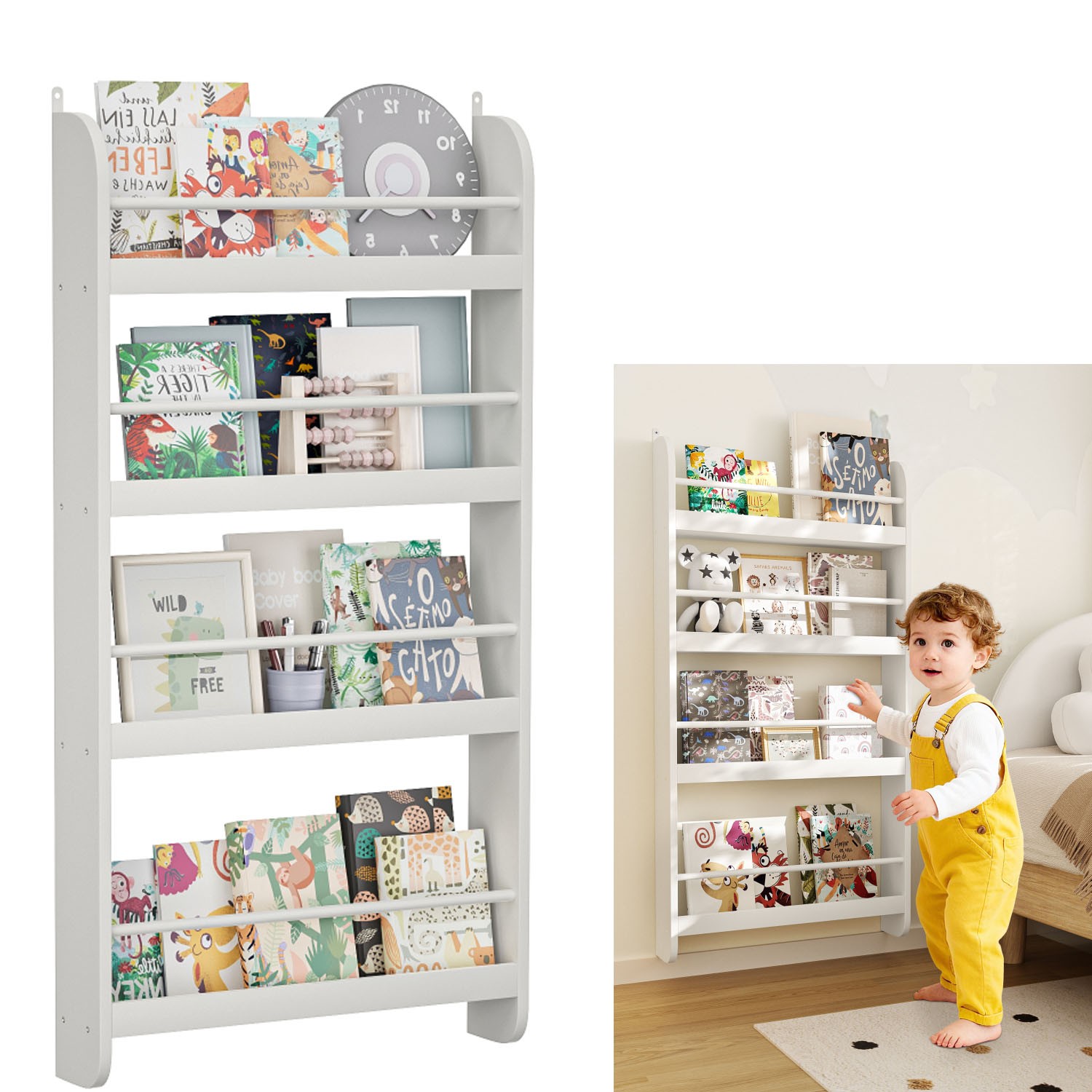 Kids Bookshelf - Wall Mounted 4-Tier Book Shelf for Kids Rooms Behind The Door