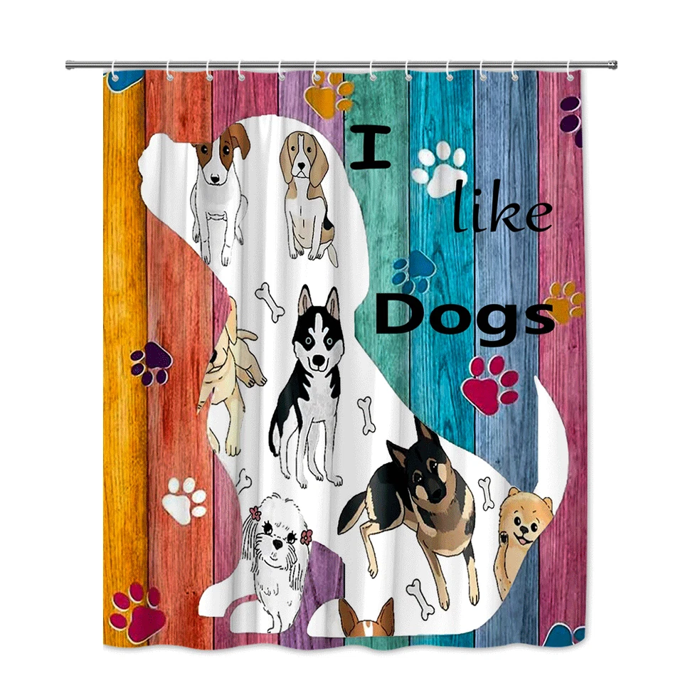 Divertida cortina de ducha silueta de perro con estampados de patas y adorables diseños de mascotas Foto 2 de 4