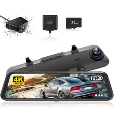 WOLFBOX 4K 12''Dash Cam Rear View Mirror Parking Monitoring Cameras Free SD