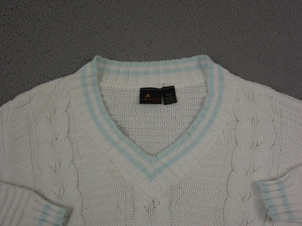 Suéter deportivo vintage Liz para mujer pequeño blanco tejido con cable universidad Foto 2 de 4