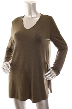 NEW Eileen Fisher Fine Jersey V Neck Slit Side  Long Length Top Olive Green