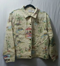 Chico's 2 12 Linen  Cotton Jacket Top Back Card Pocket Belt Loops Asian Print