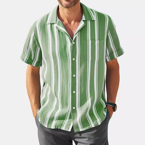 Camisa suelta informal a rayas de verano con solapa de manga corta para hombre Vestido básico Blusa Prenda para el torso - Imagen 7 de 25