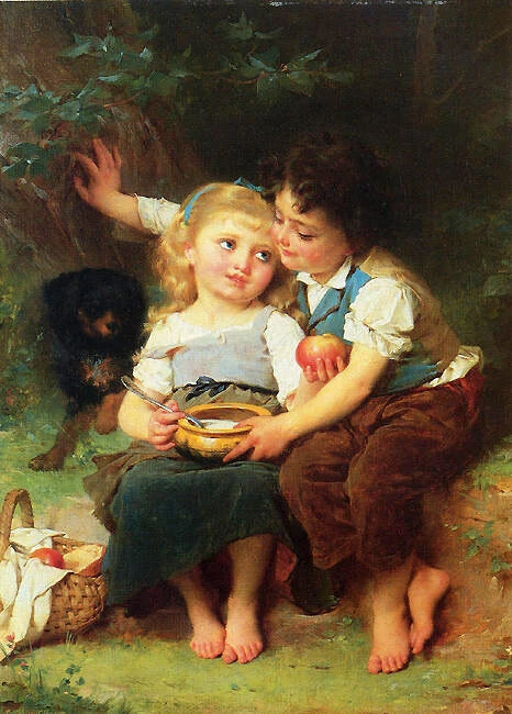 Oil painting Emile Munier Share and Share Alike children boy girl and dog canvas