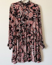 Anthropologie Cady Tiered Long Sleeve Dress Black Motif Floral Paisley Sz Small