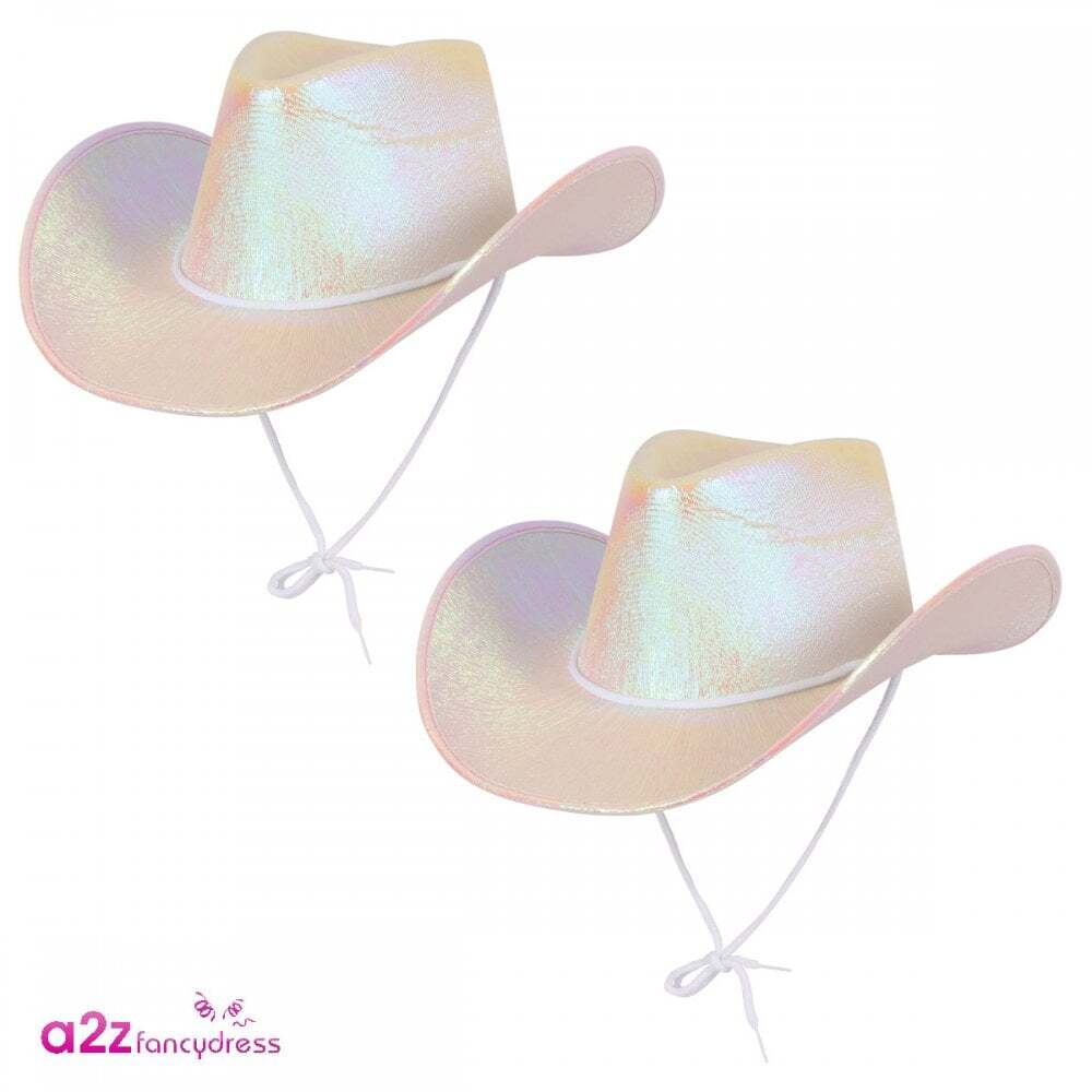 2 x Texan Cowgirl Hat - White Iridescent Wild West Rodeo Fancy Dress Accessory