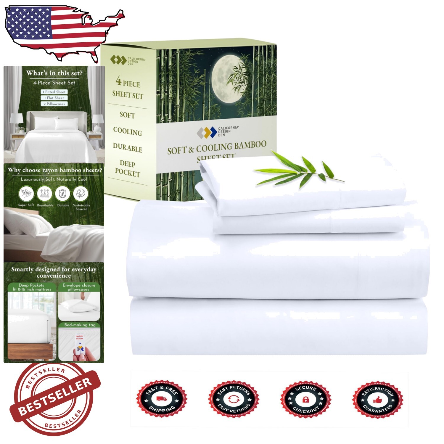 Sateen Weave Luxury Bamboo Sheet Set Cal King - Silky Soft for All Seasons