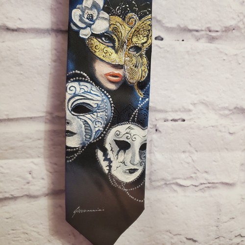 VTG Hand Painted Men's Silk Tie Necktie Art Novelty Venetian Masks Made in Italy - Picture 2 of 7