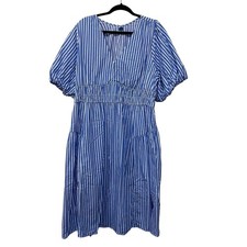 Plus Size Blue Striped Midi Dress XXL Coastal Beach Puff Sleeve Vacation Dress