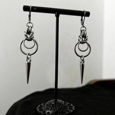 Gothic Stainless Steel Spike Hoop Earrings Silver Chainmail Double O Ring Punk.