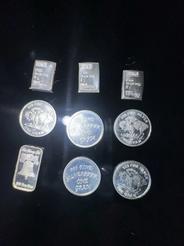 9 x 1 Gram .999 Fine Silver Bars & Rounds Lot