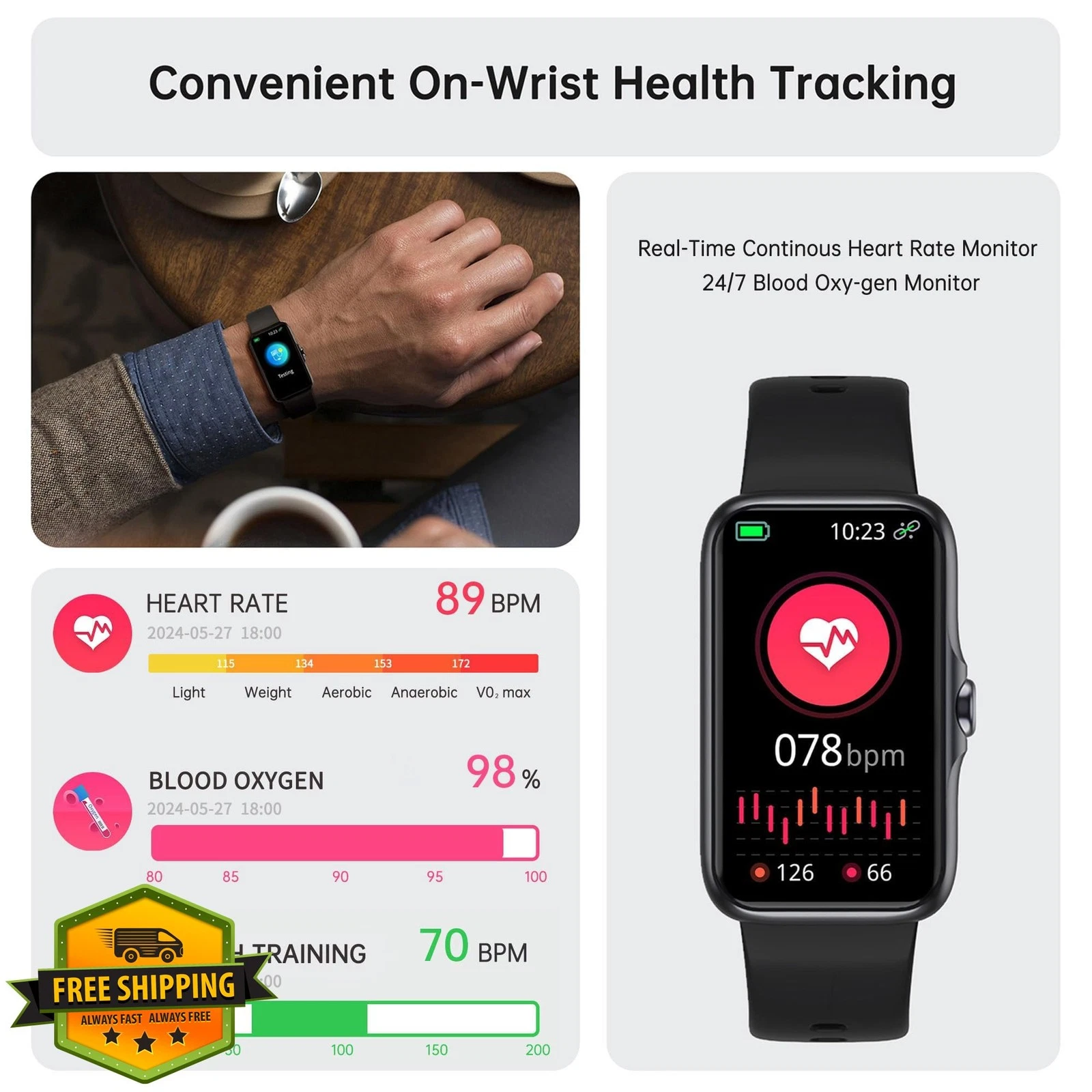 Smart Watch Fitness Tracker Heart Rate Blood Oxygen Black