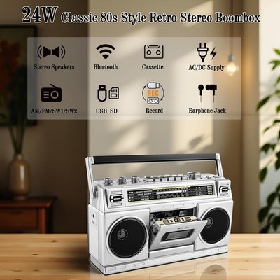 Retro Classic 80s Style Portable Boombox with Cassette Player