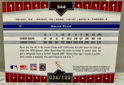 JERSEY NUMBER! 2005 Donruss Champions Nolan Ryan Blue Impressions 34/100!