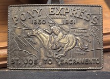Pony Express Brass Belt Buckle VINTAGE "1860-1861  St. Joe to Sacramento" 3.5"