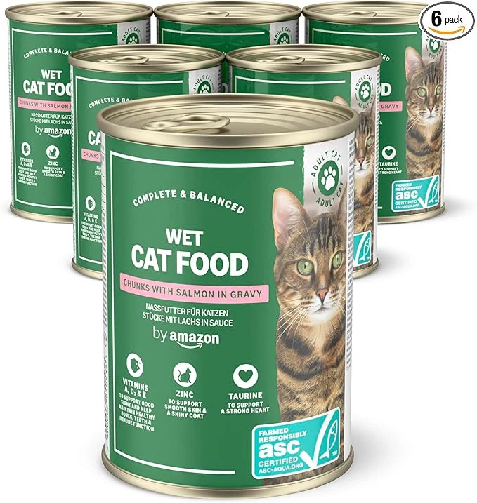 BY AMZON Nassfutter für Katzen, Stücke mit ASC-zertifiziertem Lachs in Sauce, 6 x 415 g