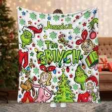 Personalized Grin Green Christmas Fleece Sherpa Quilt Blanket Gift for Fan