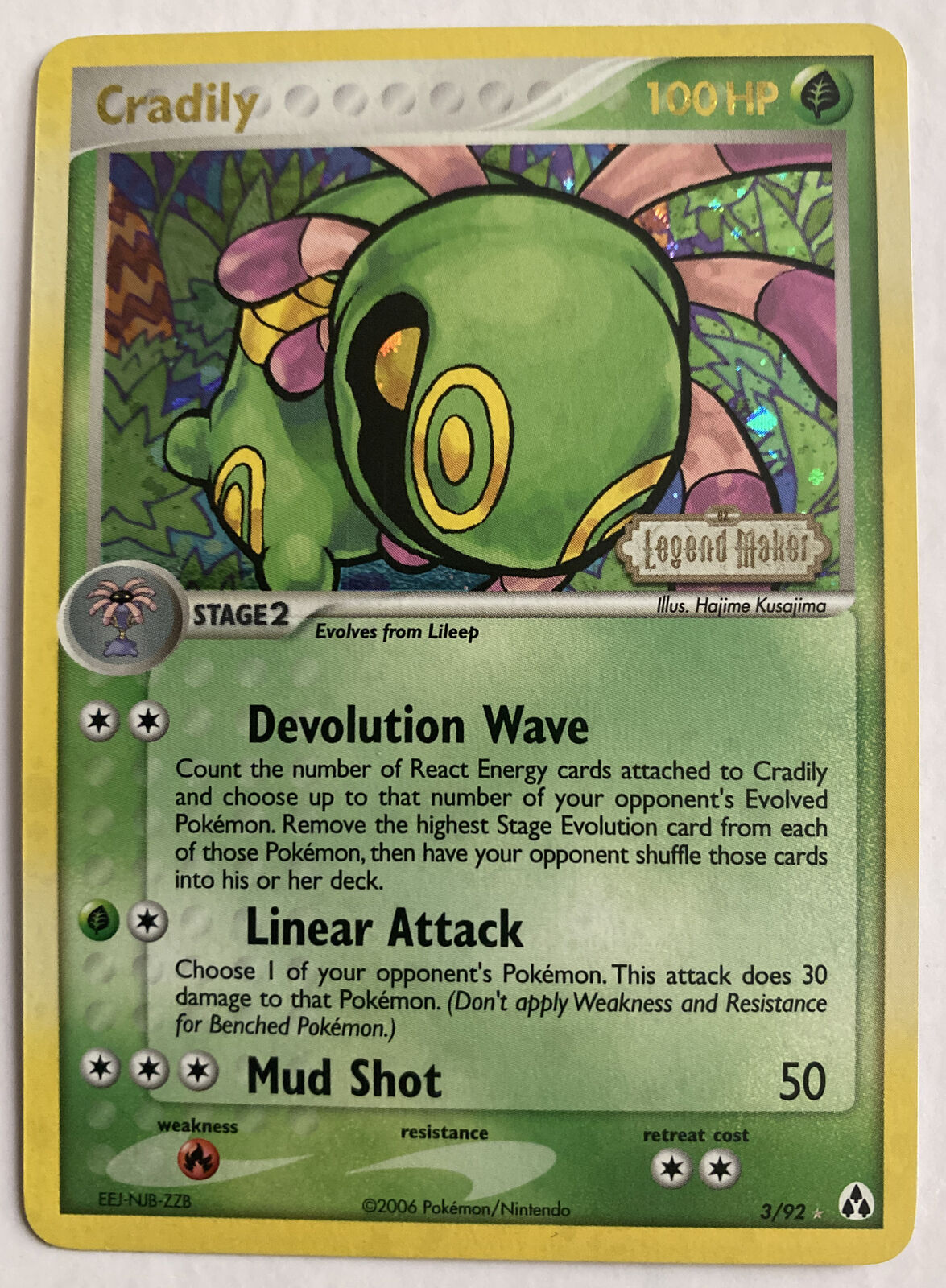 2006 Pokemon! CRADILY Reverse Holo #3/92 Stamped EX Legend Maker. Never Played