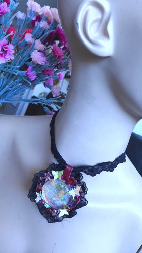 HANDMADE STATEMENT NECKLACE MULTI COLOR BLACK LACE CRYSTALL BEADS NO METAL GIFT - Picture 6 of 12