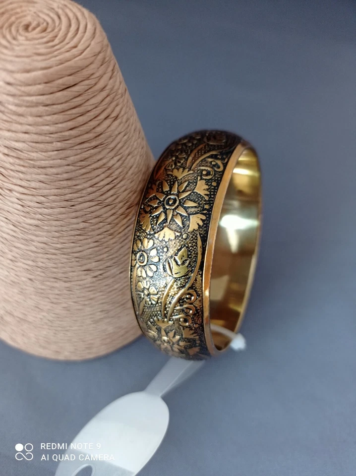 Brazalete de latón grabado retro con flores y hojas grabadas boho vides florales Foto 4 de 4