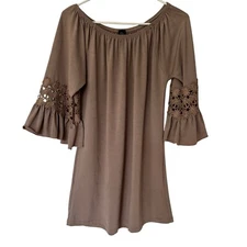 Win Win Tunic Top With Ruffle Lace Bell Sleeves Women’s Size S/M Taupe Office