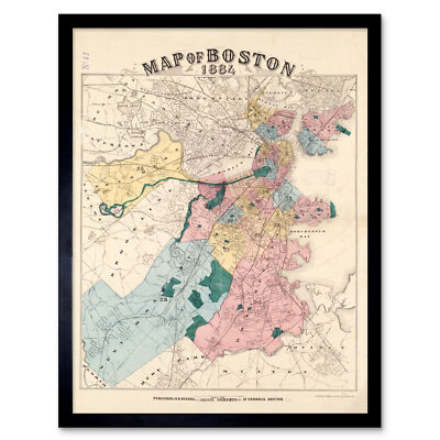 Russell 1884 Karte Boston Massachusetts USA Wandkunstdruck gerahmt 12x16
