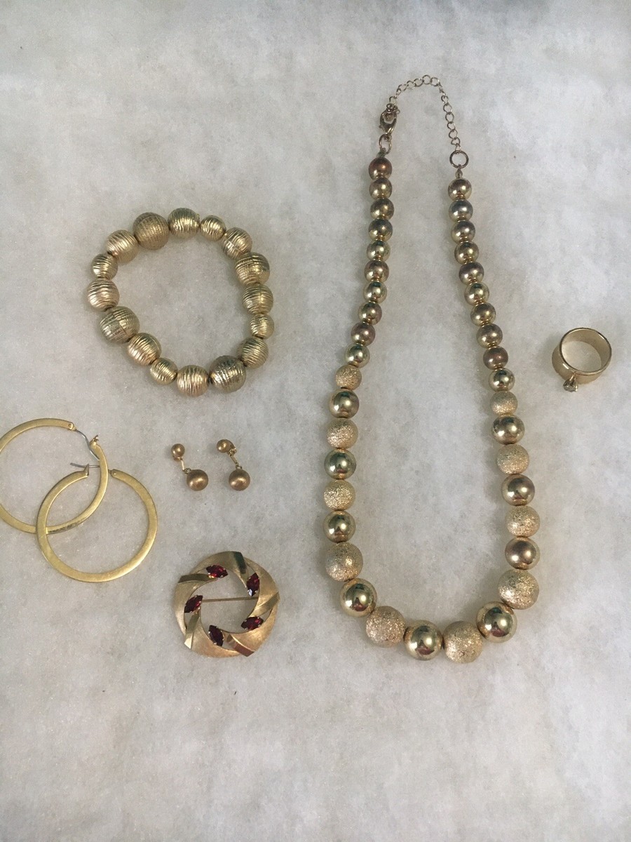 Gold Tone Lot W/Necklace, Bracelet, 2 Pr Earrings Brooch, Ring & Bonus Choker