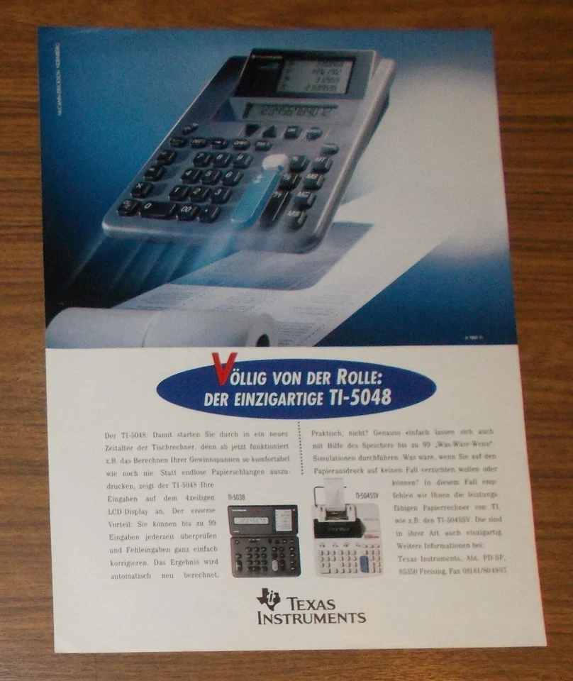 Seltene Werbung TEXAS INSTRUMENTS TI-5048 TI-5038 TI-5045SV Tischrechner 1993 - Bild 1 von 1