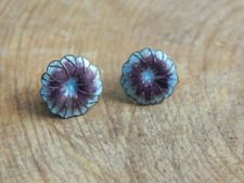 Sterling Silver, Purple  Aqua Blue Enamel PANSY FLOWER Petite Stud Earrings