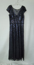 Karl Lagerfeld Paris Dress Womens 12 Formal Blue/Black Sequin Gown Short Sleeve