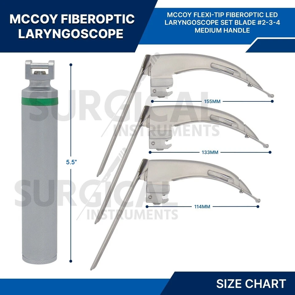 Juego de laringoscopio LED de fibra óptica McCoy Flexi-Tip hoja #2 #3 #4 mango medio Foto 2 de 4