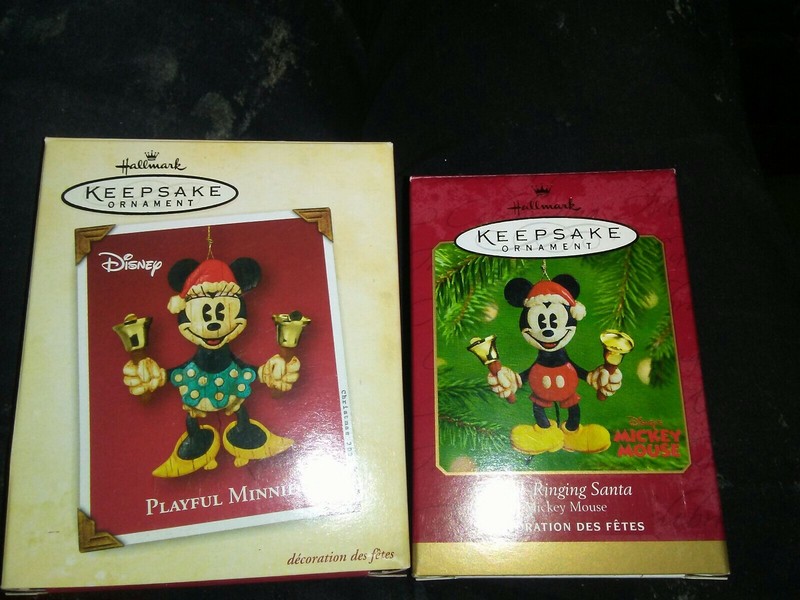 Lot Of 2 Hallmark 2001 & 2002 Bell Ringing Santa Mickey And Playful Minnie