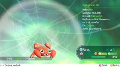Shiny Paras Lvl 1 Pokémon Lets Go Pikachu/Evoli