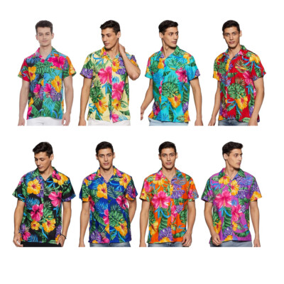 Hawaiian Shirt for Men's Short Sleeves Front Pocket Big Hibiscus Beach Shirt