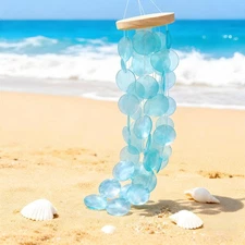 Wind Chimes Coastal Style Decor - Handcrafted Turquoise Capiz Shells Windchime