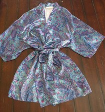 Women's Vintage Coquette VAL MODE Paisley Satin Short Robe M Blue Pink Summer
