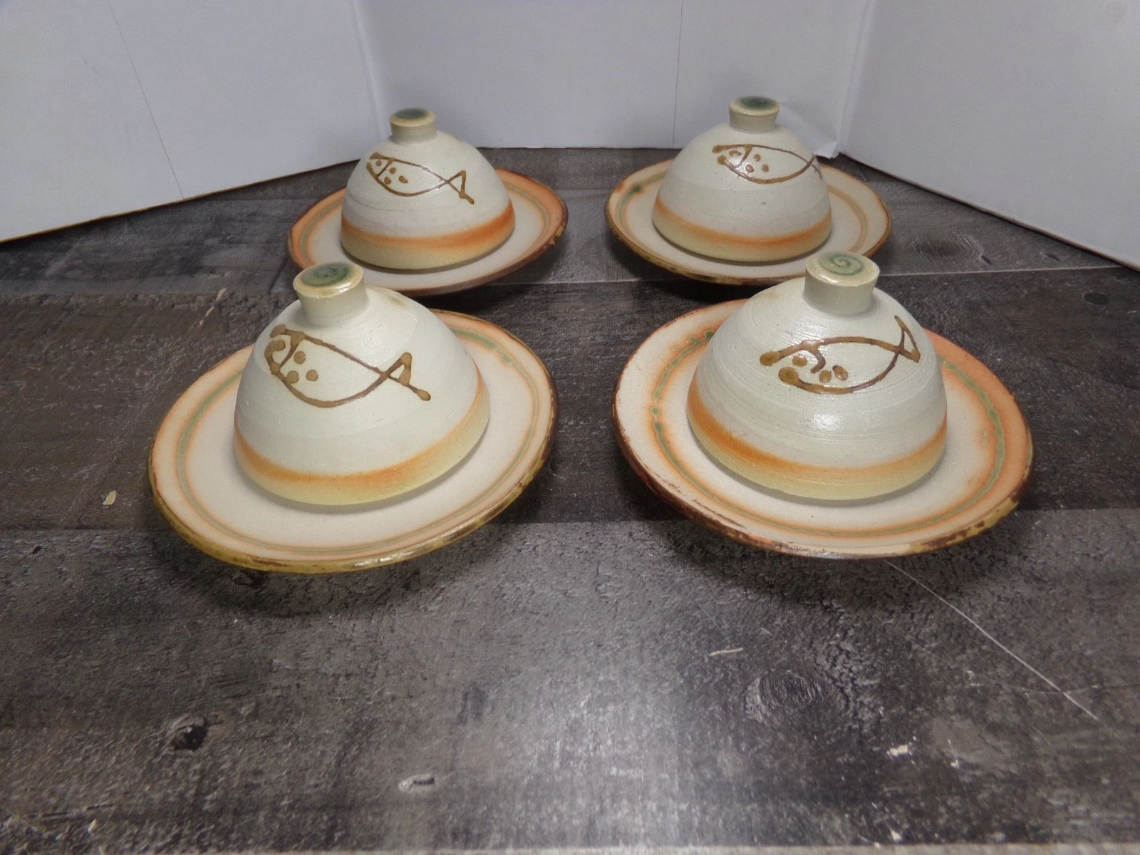 Set of 4 Butter Cheese Dome Small Serving Dishes Stoneware Pottery Fish Design