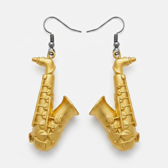 Gold Tone Saxophone Dangle Hook Earrings Metal No Stone Music & Dance Theme