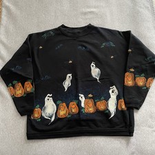 Halloween Themed Women's Sz Large Black Sweatshirt Pumpkins, Ghosts,  Spiders