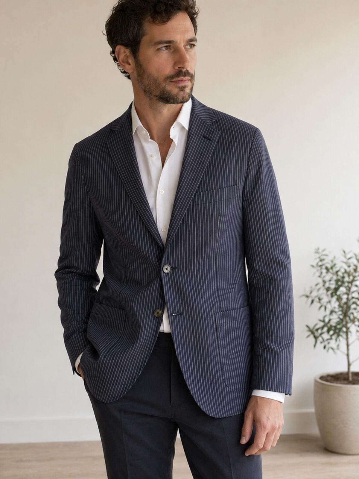 Corneliani Italy Pinstripe Blazer Jacket Size 50 Blue Cotton Stretch