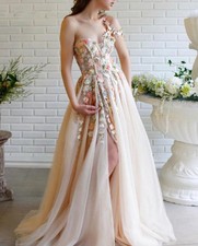 Champagne Wedding Dress Puffy Sleeve Strap Colorful 3D Flower A Line Bridal Gown