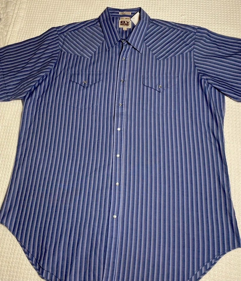 De Colección Ely Cattleman Hombre Alto Perla Snap | Rayas Resistente a Arrugas Talla 18 1/2 Granjero Foto 2 de 4