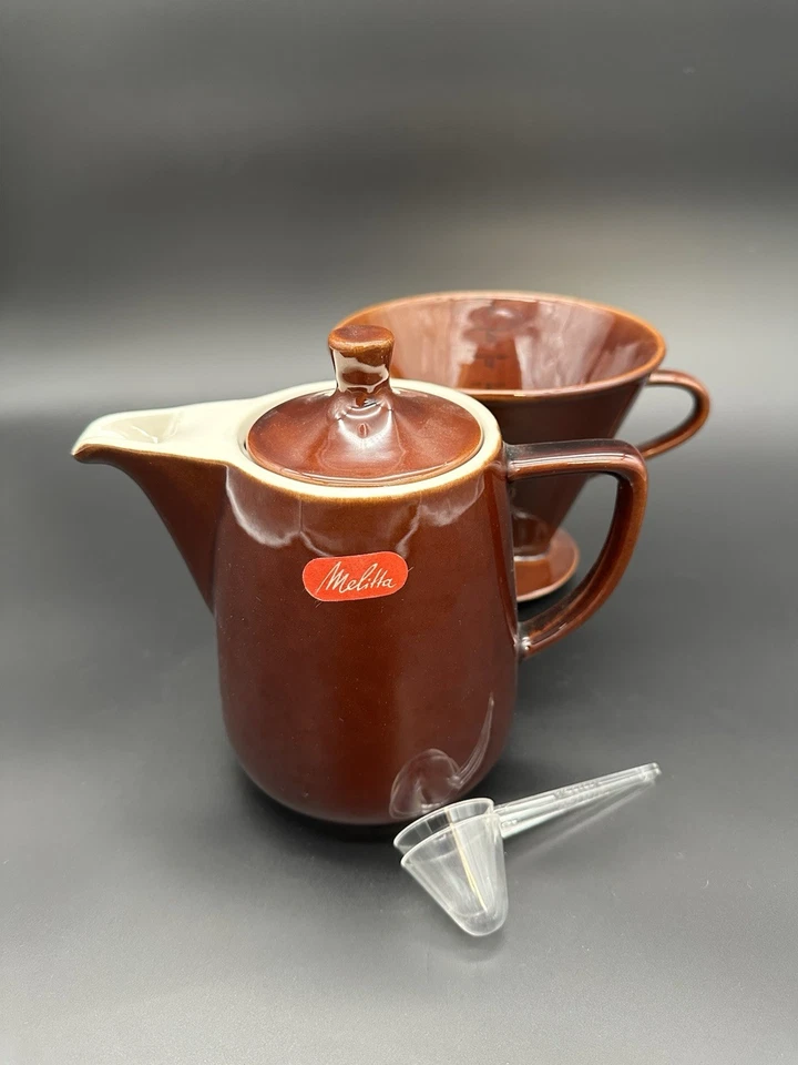 Ancienne cafetière Melitta avec boite, en céramique marron et son porte filtre - Photo 1/4