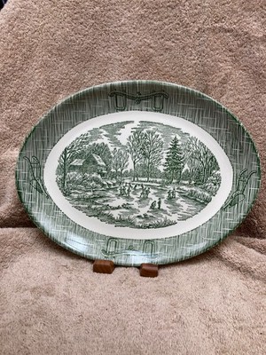 Scio Pottery Currier & Ives Green Platter - Ox Yoke & Plow Border